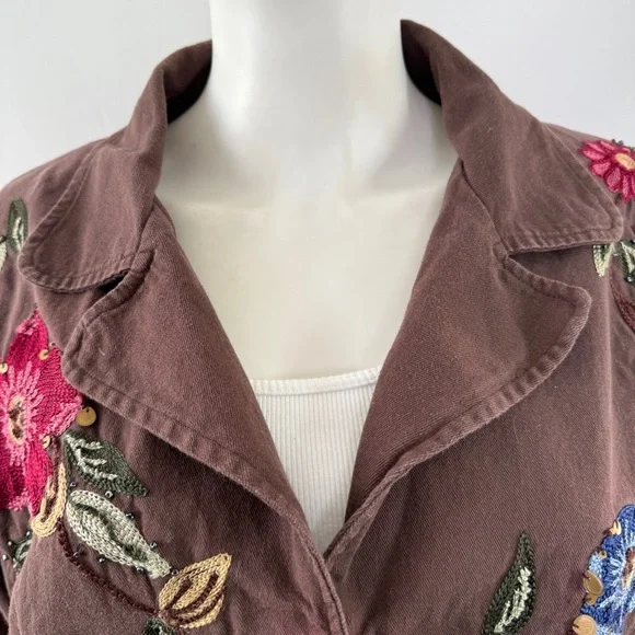 Passports Brown Beaded Jacket Size XL Floral Embroidery V-Neck Boho Artsy Casual - Picture 3 of 12